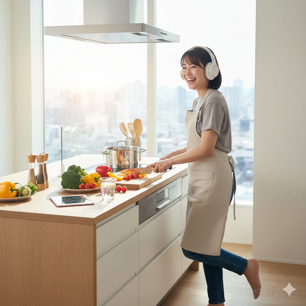 ワイヤレスイヤホンでAudibleを聴きながら家事をする主婦