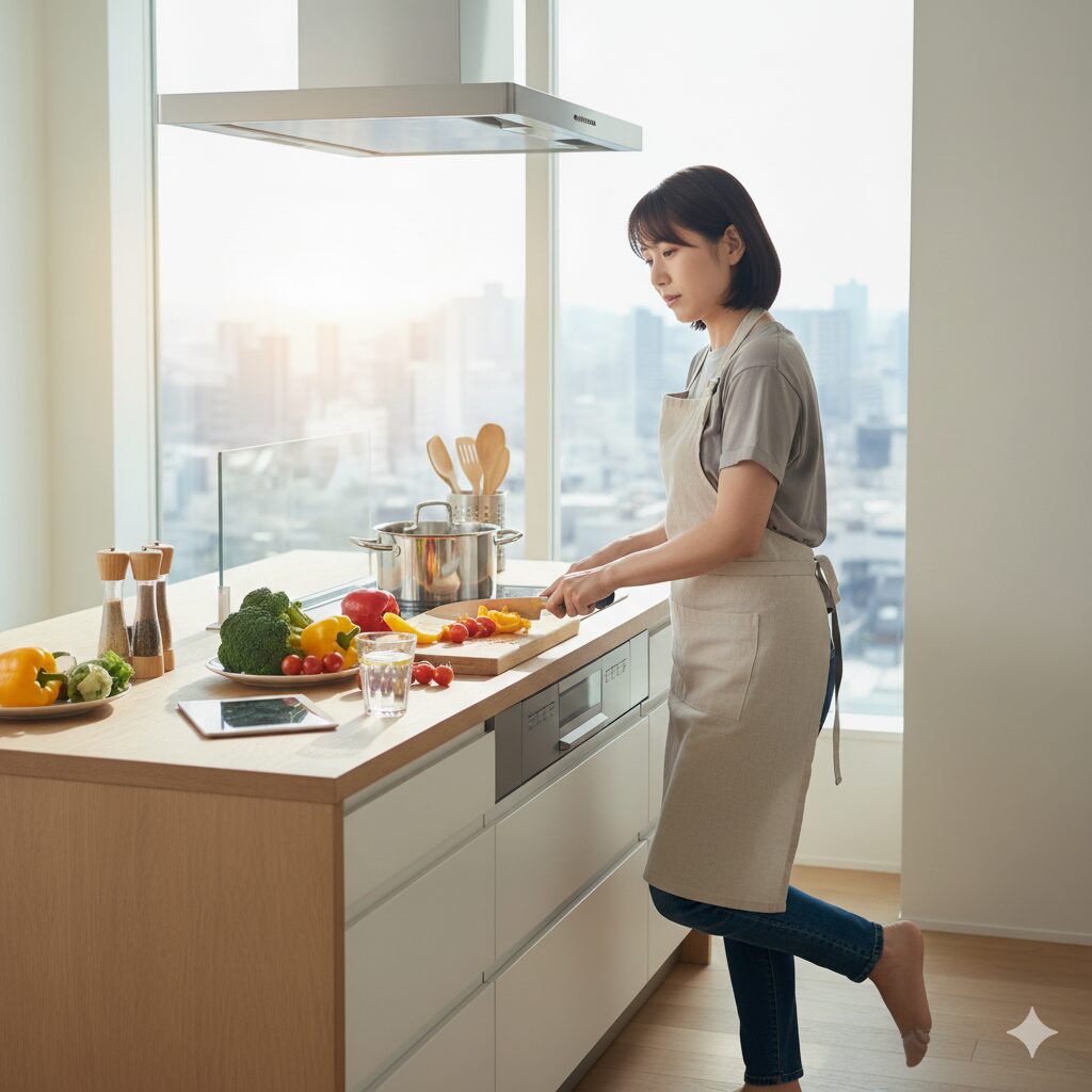 夜、一人でキッチンに立つ女性の後ろ姿