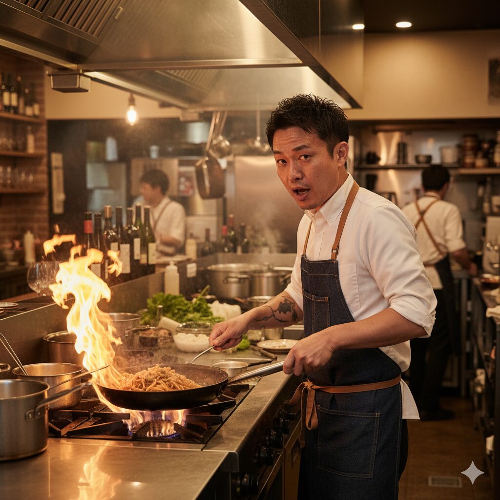電話対応に追われる忙しい飲食店の厨房