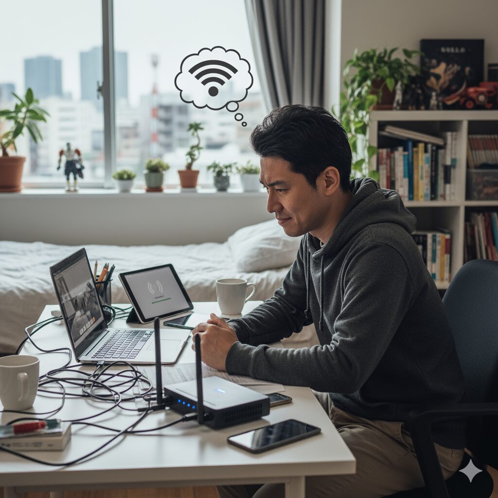 快適なテレワーク環境でノートパソコンを使う男性