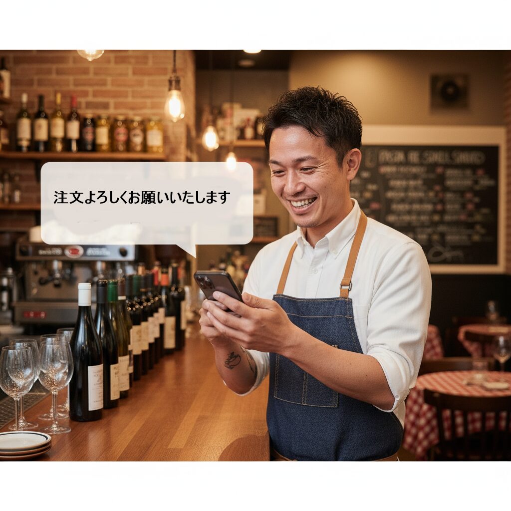 スマホでテイクアウトの売上を確認する店長