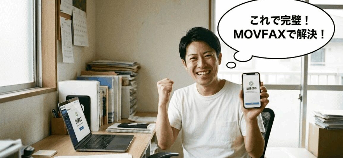 MOVFAXを導入して外出先でのFAX問題を解決し、スマホを片手にガッツポーズをして喜ぶ個人事業主の男性