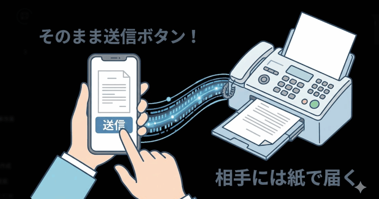 スマホから送信ボタンを押すだけで、相手のFAX機に紙として出力されて届く仕組みのイラスト