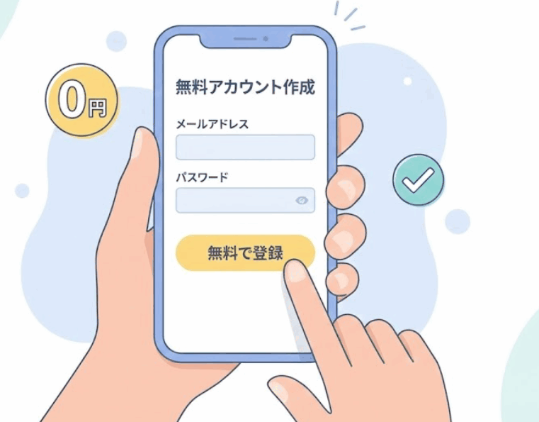 スマホ画面でメールアドレスとパスワードを入力してfreee予約の無料アカウントを作成するイラスト