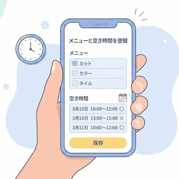 スマホ画面でカット、カラー、ネイルなどのメニューとカレンダーで空き時間を登録するイラスト