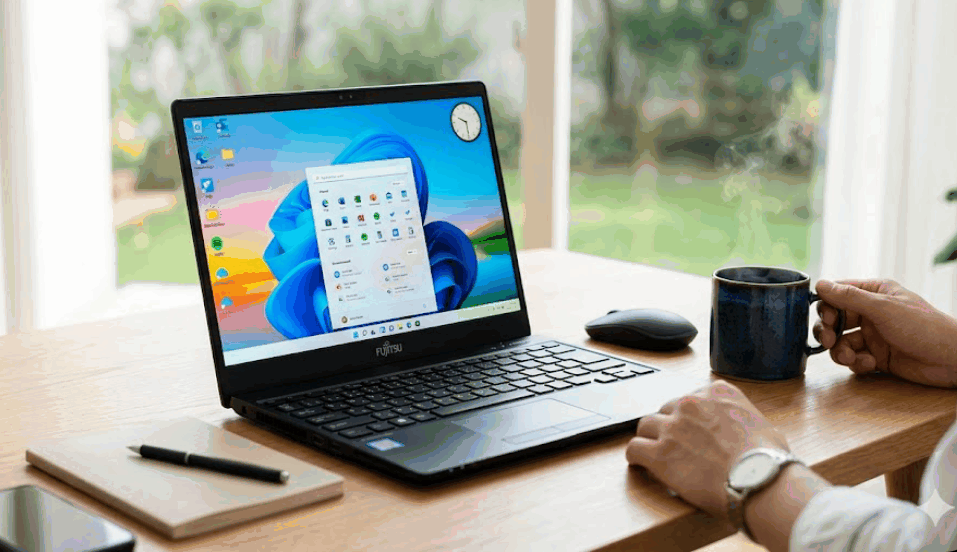 コーヒーを飲む間にサクサク起動する富士通FMVパソコンのイメージ