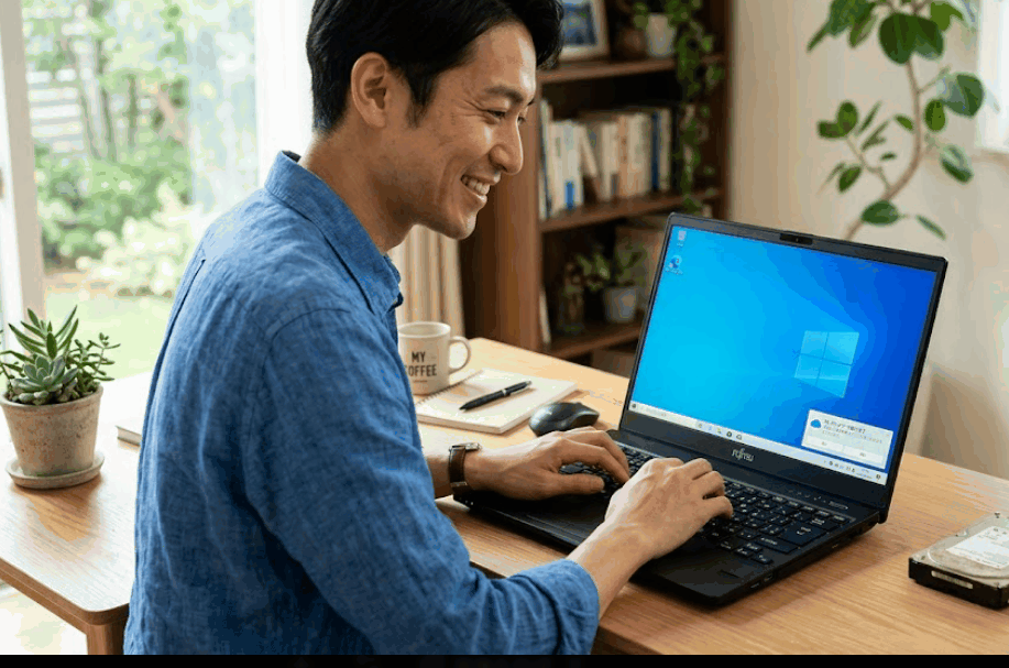富士通のノートパソコンFMVで快適にタイピングし、簡単にデータ移行を行う笑顔の男性