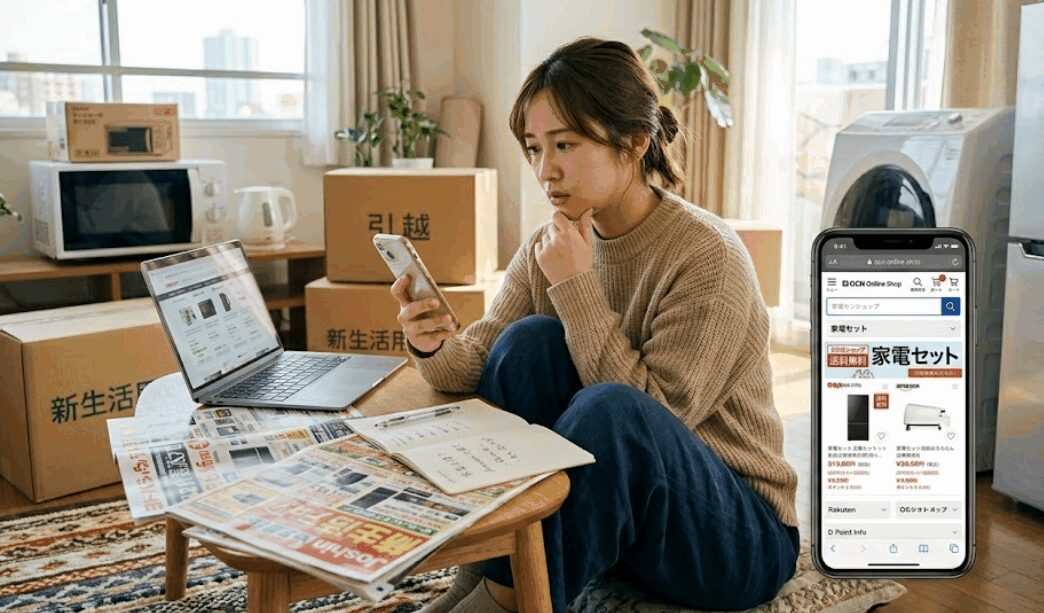 新生活に向けてお得な家電の購入先をスマートフォンで探しながら迷っている女性