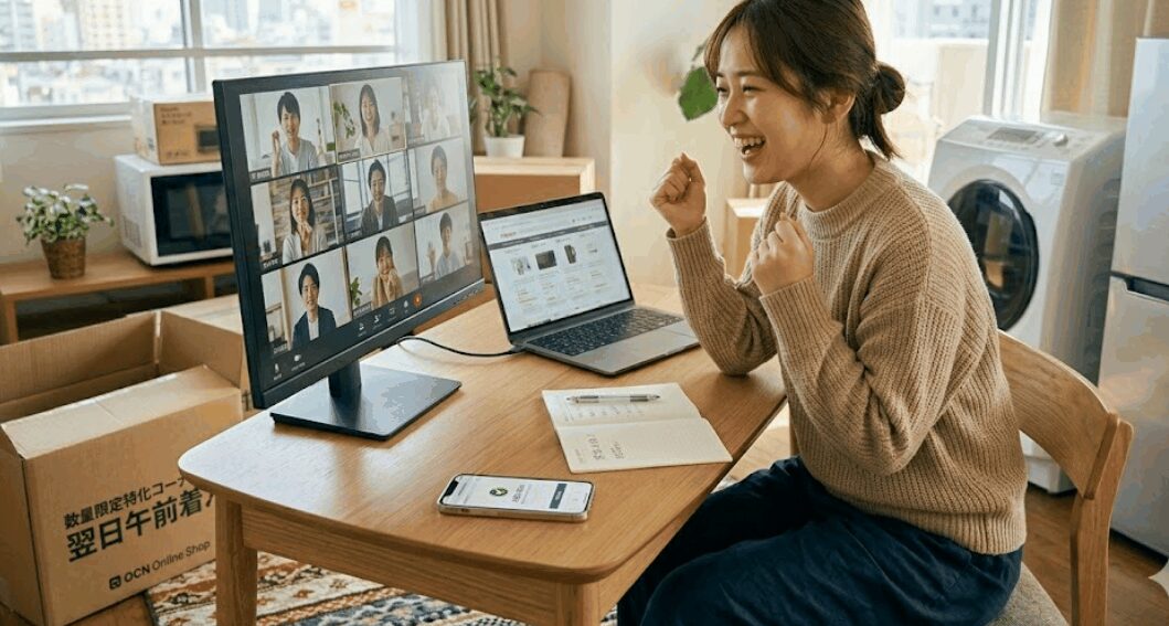OCNオンラインショップから即日発送で届いたモニターを使ってオンライン会議に参加し喜ぶ女性