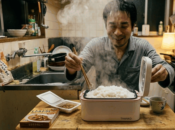サンコーのおひとりさま用超高速弁当箱炊飯器で炊き立てのご飯を笑顔で楽しむ一人暮らしの男性