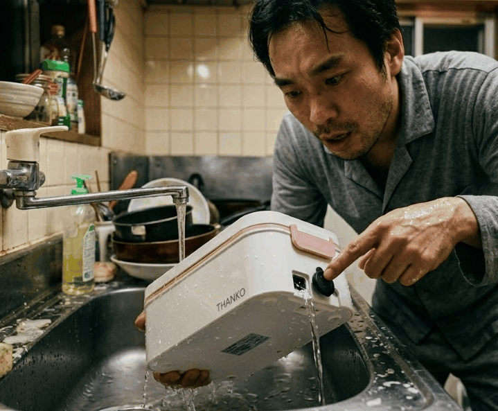防水キャップを閉め忘れて弁当箱炊飯器を丸洗いしてしまい、水没の危機に慌てる男性