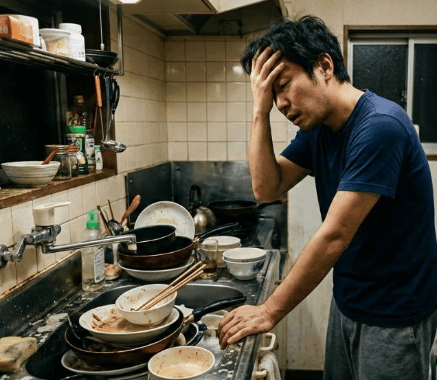 狭いキッチンのシンクに洗い物がたまって頭を抱え、ストレスを感じている一人暮らしの男性