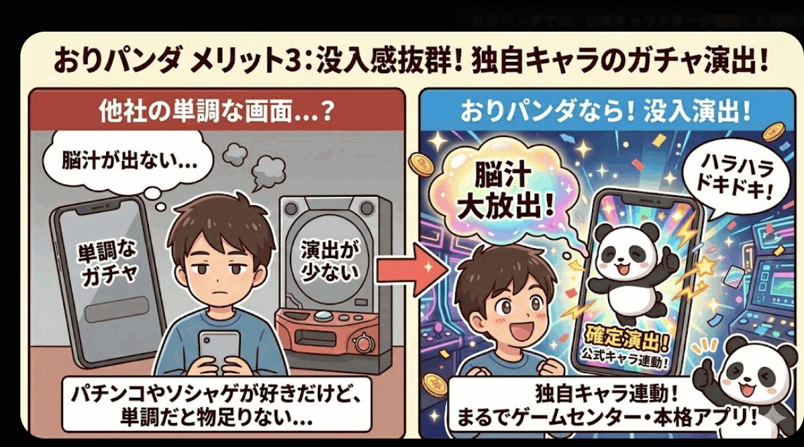 単調な画面とは違う、独自キャラクター連動で没入感抜群のおりパンダのガチャ演出イラスト