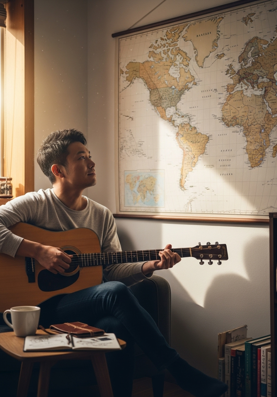 ターを弾きながら世界地図を眺め、夢を馳せる30代男性 