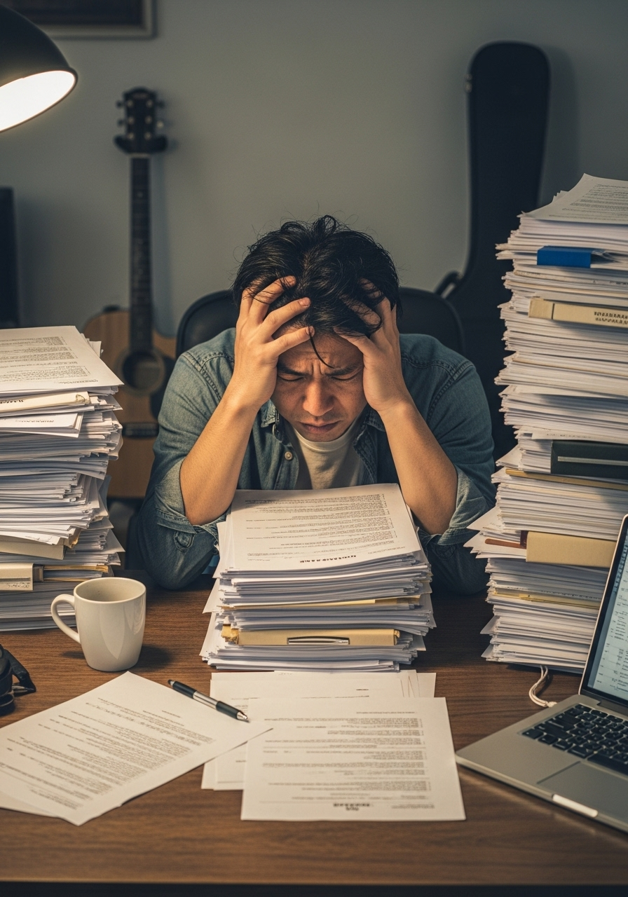 複雑そうな書類や契約書の山を前に頭を抱える音楽家の男性