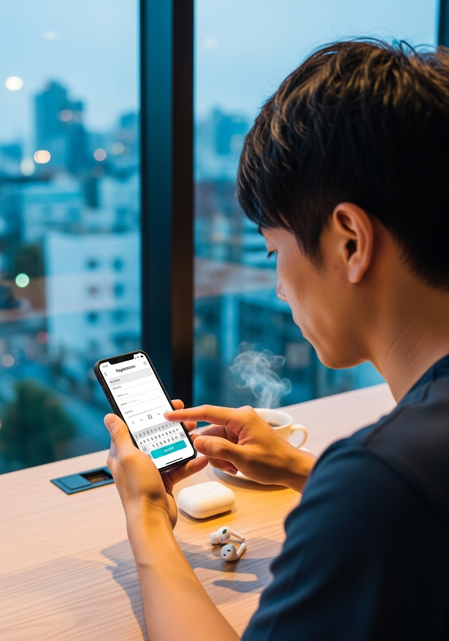 楽曲登録をスマホでの操作をする男性の風景