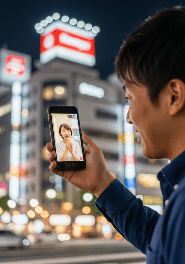 夜景を背景にスマートフォンで女性とライブチャットを楽しむ30代男性　