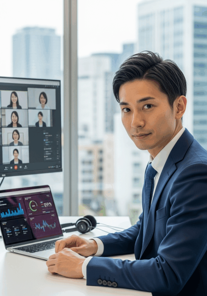 スーツのオンラインコミュニケーション・アナリストの男性