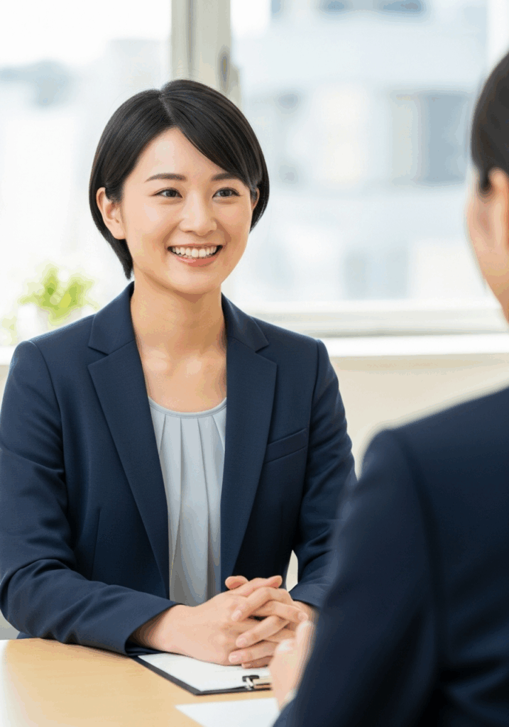 転職先の面接を笑顔で受けている看護師{width=