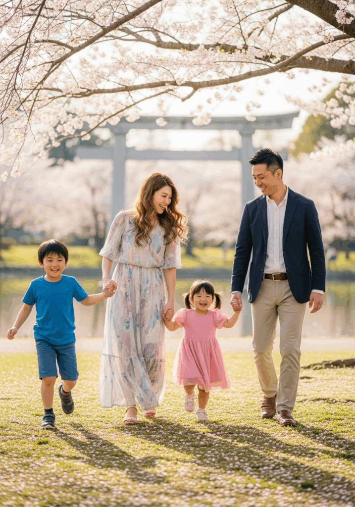 子連れ再婚で幸せそうな30代カップルと子供