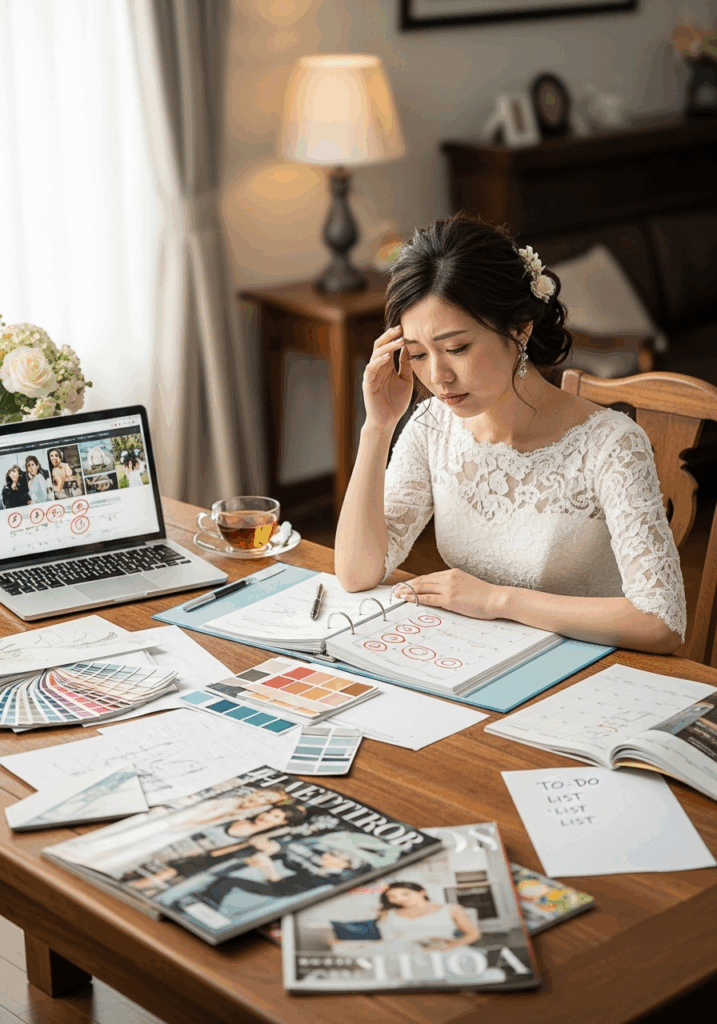 結婚式の準備に悩む花嫁