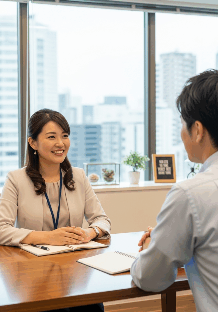 笑顔の婚活カウンセラー女性と相談者男性の写真