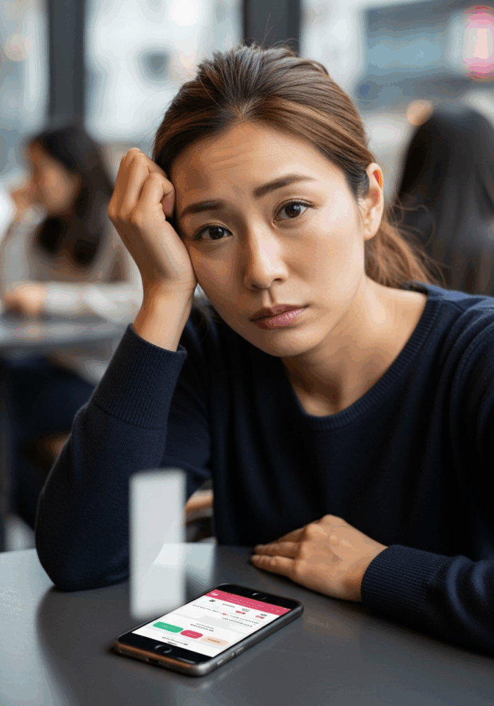 婚活アプリで疲れた30代の女性の写真 日本人