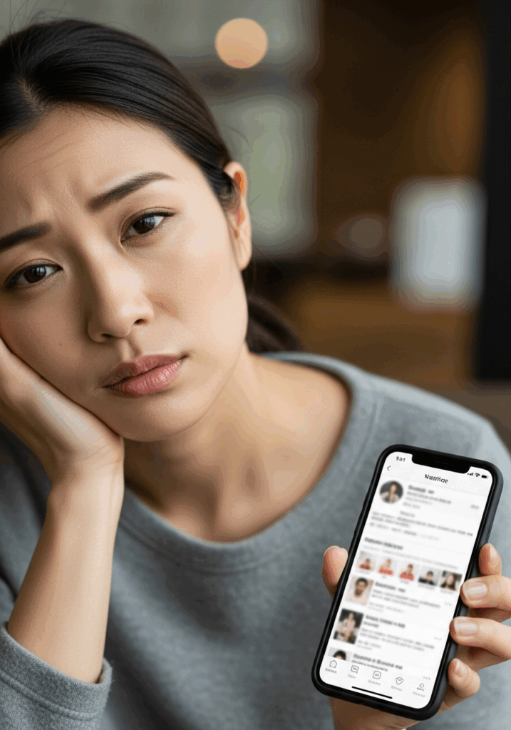 婚活アプリで疲れた30代の女性の写真 日本人