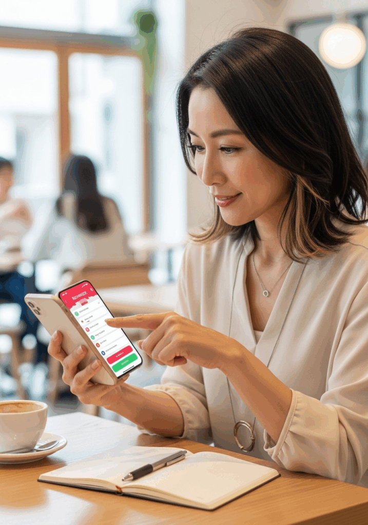 スマホで恋愛診断を受けている40代女性日本人