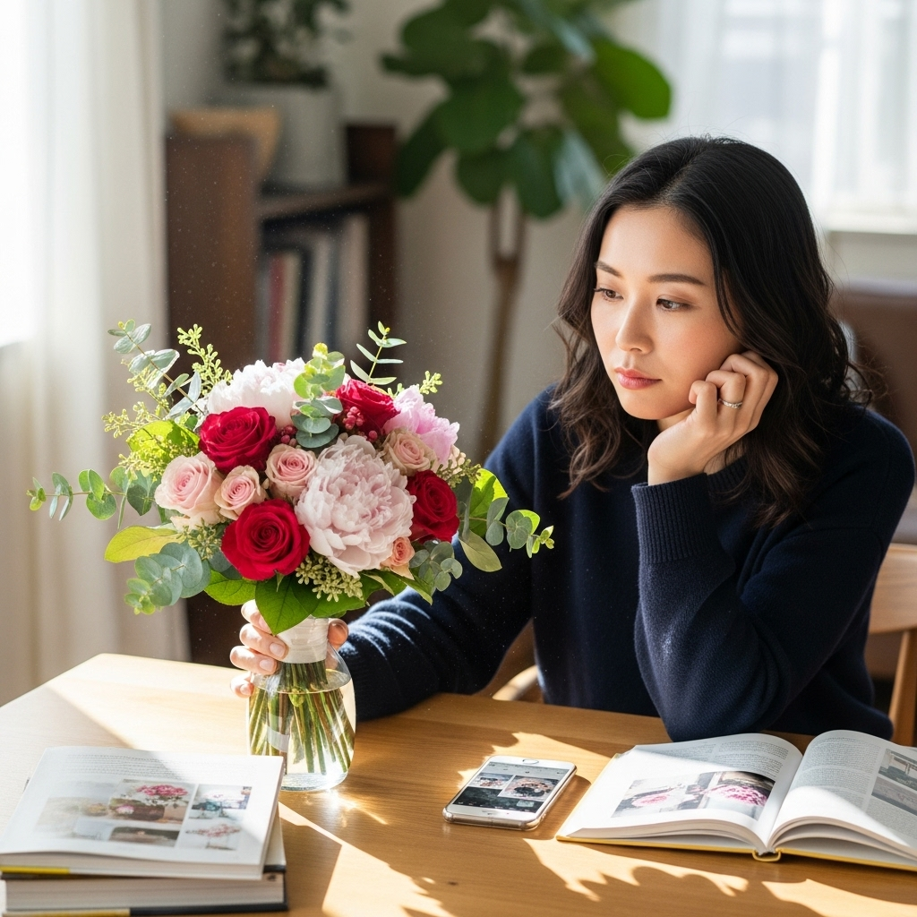 もらった結婚式のブーケ、どうしよう悩んでいる30代女性　日本人