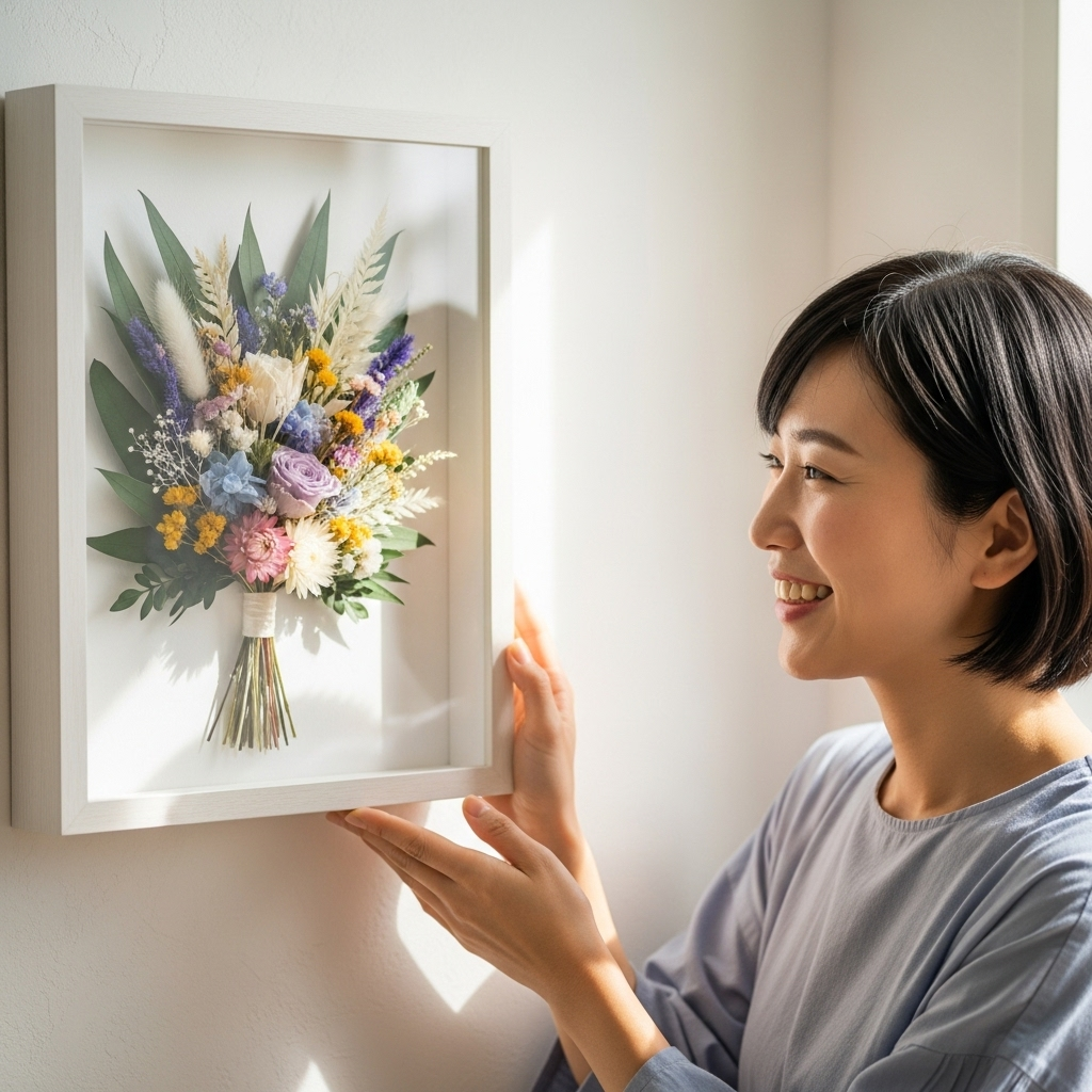 結婚式のあの日のブーケが、そのまま綺麗なアートになって喜んでいる30代女性　日本人