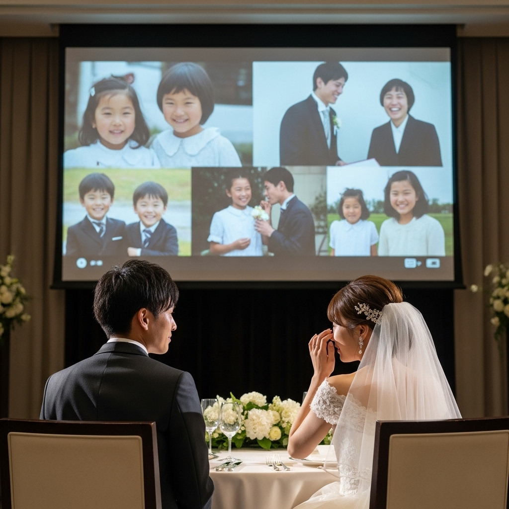 結婚式ムービーで感動する新郎新婦日本人