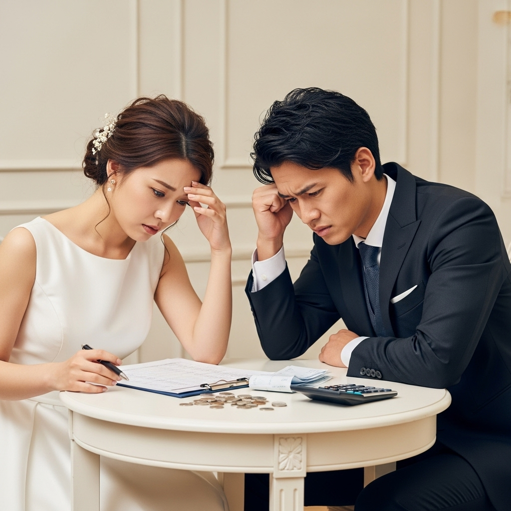 結婚式の費用に悩むカップル写真