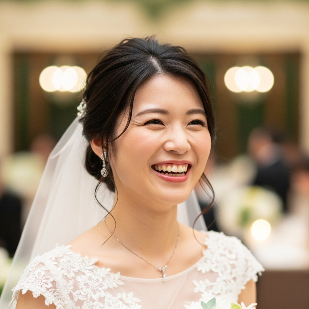 結婚式の予約が決まって笑顔の花嫁写真　日本人