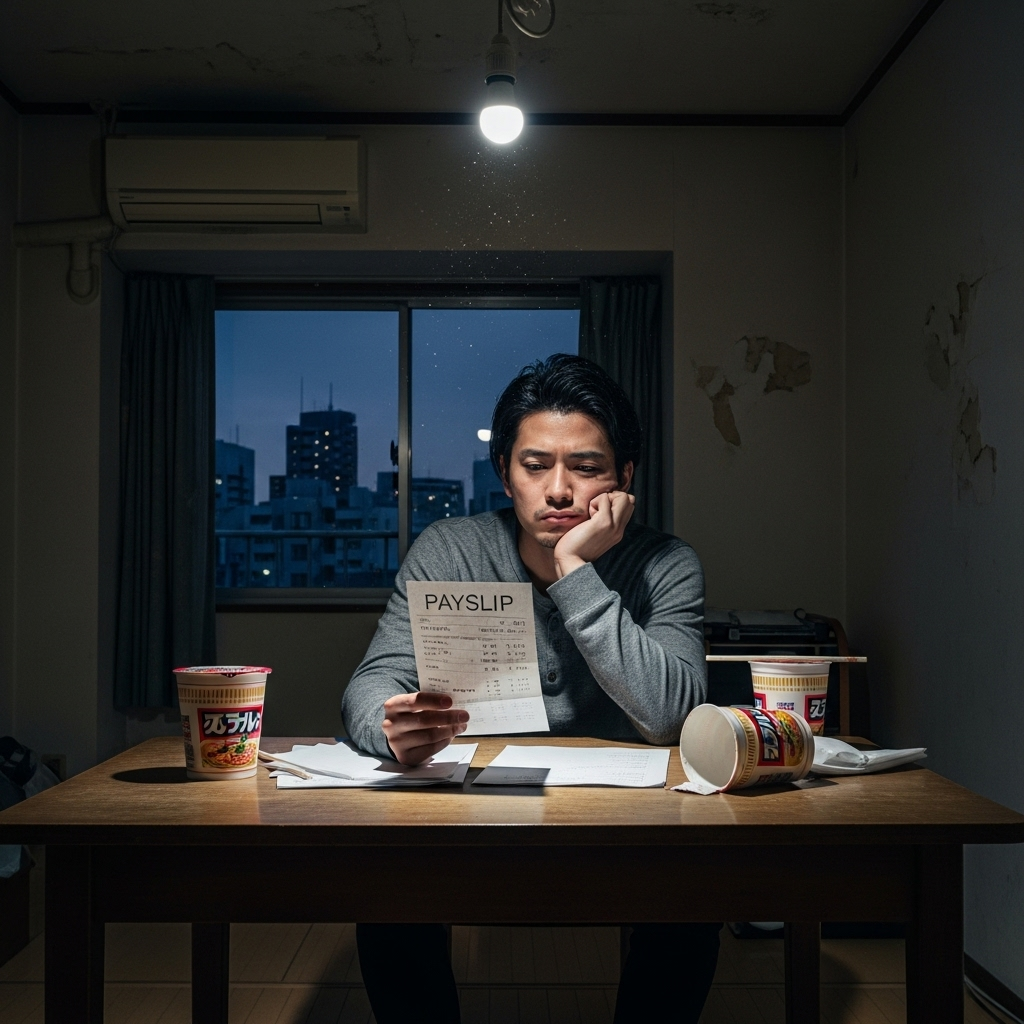 薄暗いアパートの部屋で給与明細を眺めながら悩む28歳男性写真　日本人