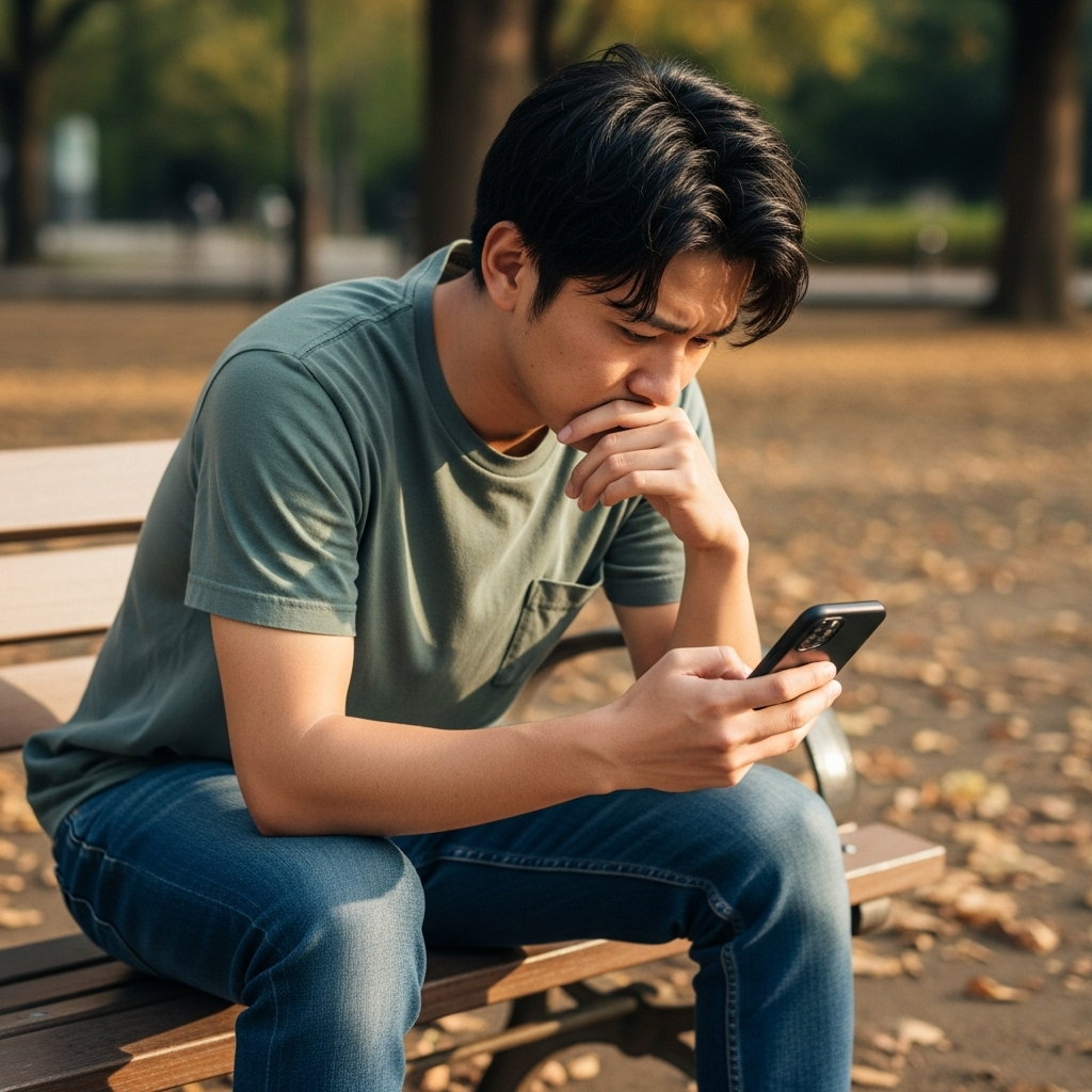 就活でスマホを見ながら悩む28歳フリーター男性写真　日本人