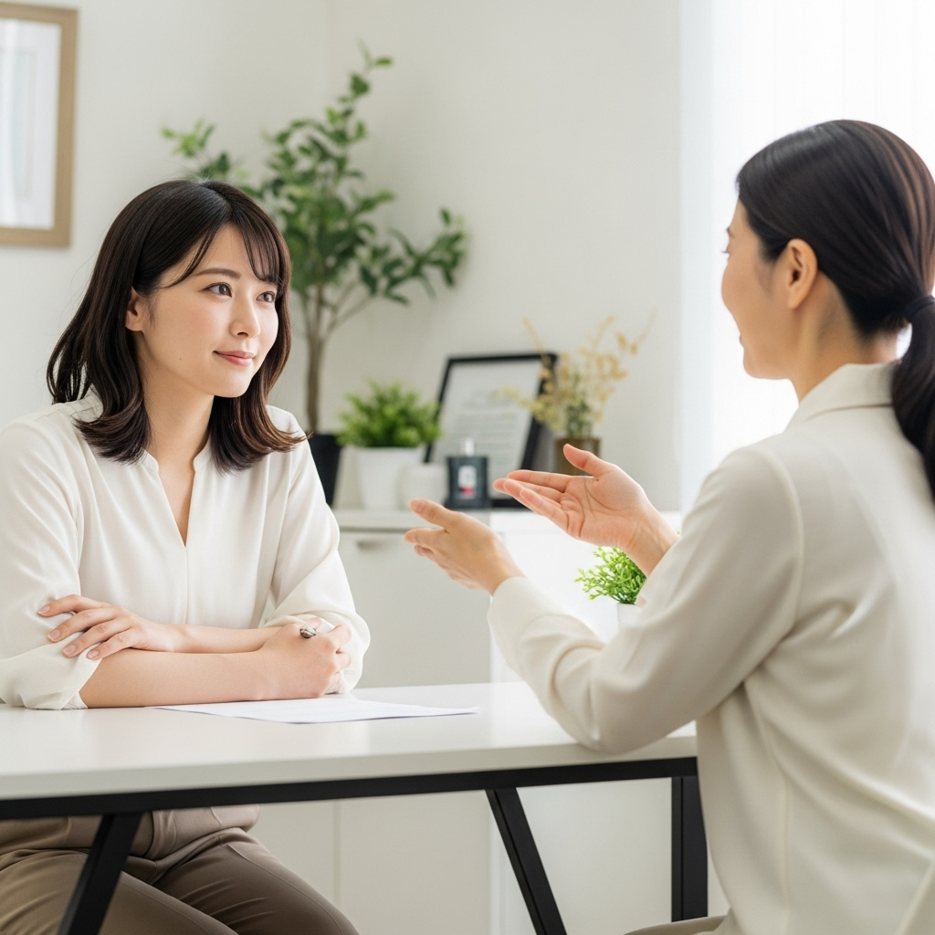 結婚カウンセラーのアドバイスを受ける30代の女性　日本人