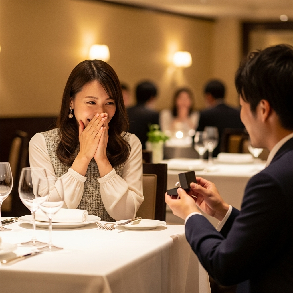 レストランでプロポーズ受ける30代の女性　日本人