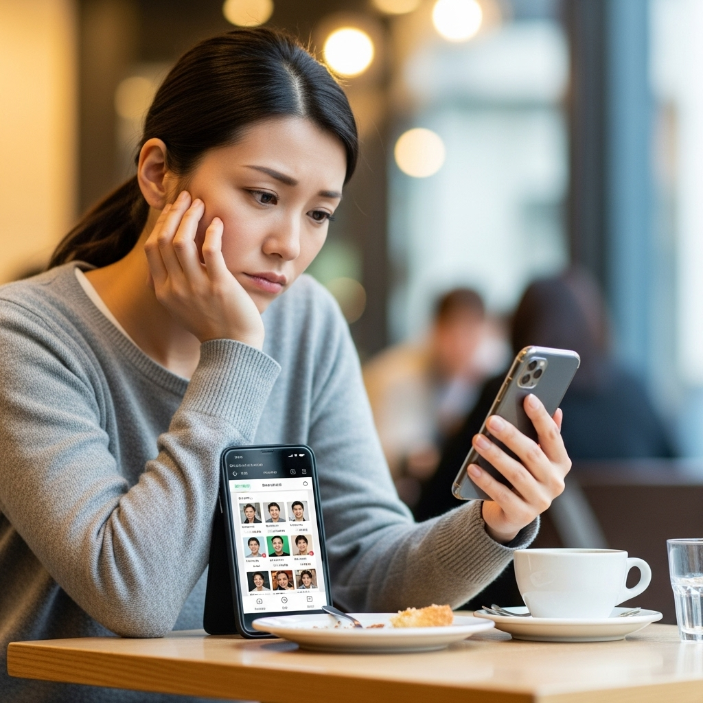 スマートフォンを見てため息をつく婚活疲れ、30代女性 日本人