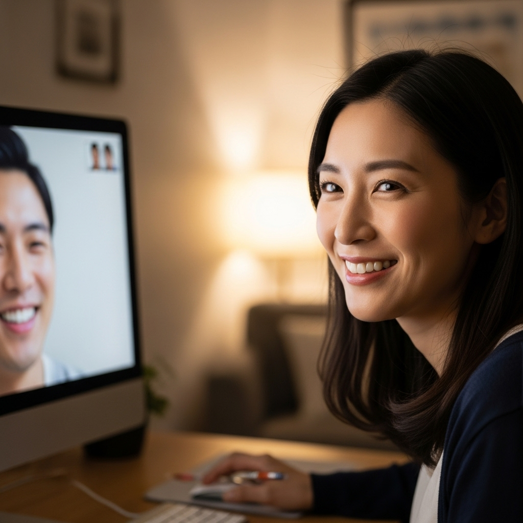 パソコンの前で笑顔でオンラインデートをする30代女性 日本人