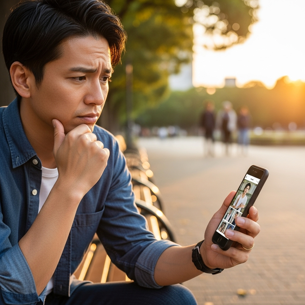 マッチングアプリのプロフィール写真に悩む30代男性 日本人