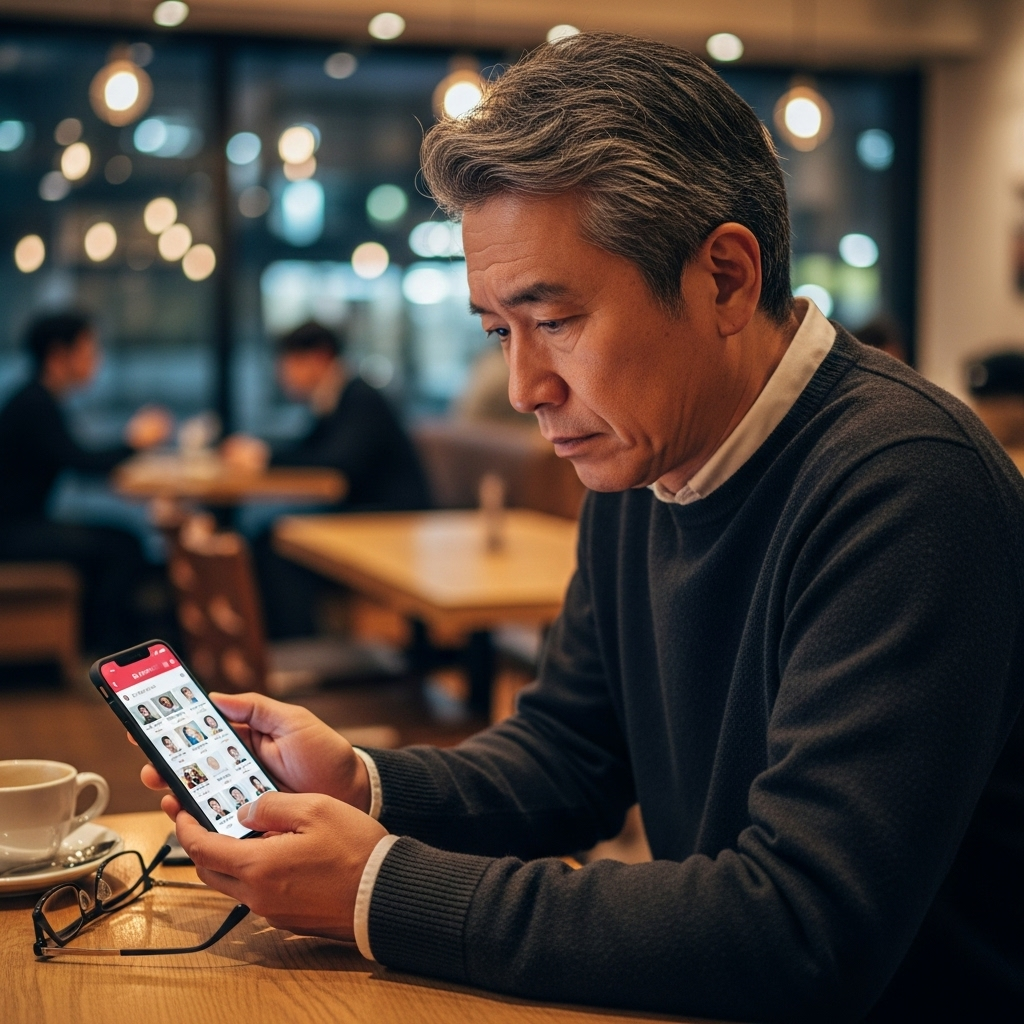 スマホを手にマッチングアプリに悩む55歳男性 日本人