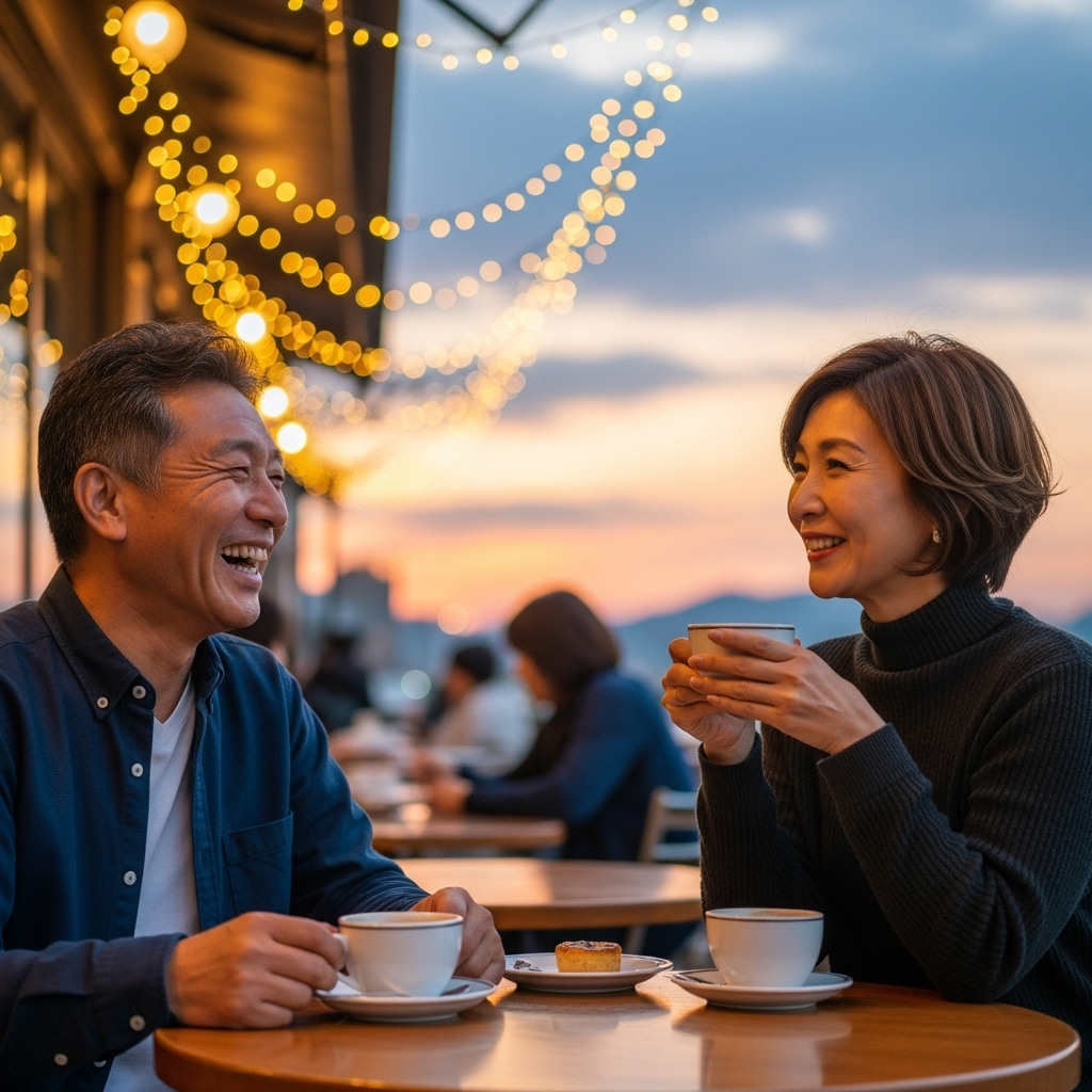 夕暮れのカフェで楽しそうに話す50代の男女