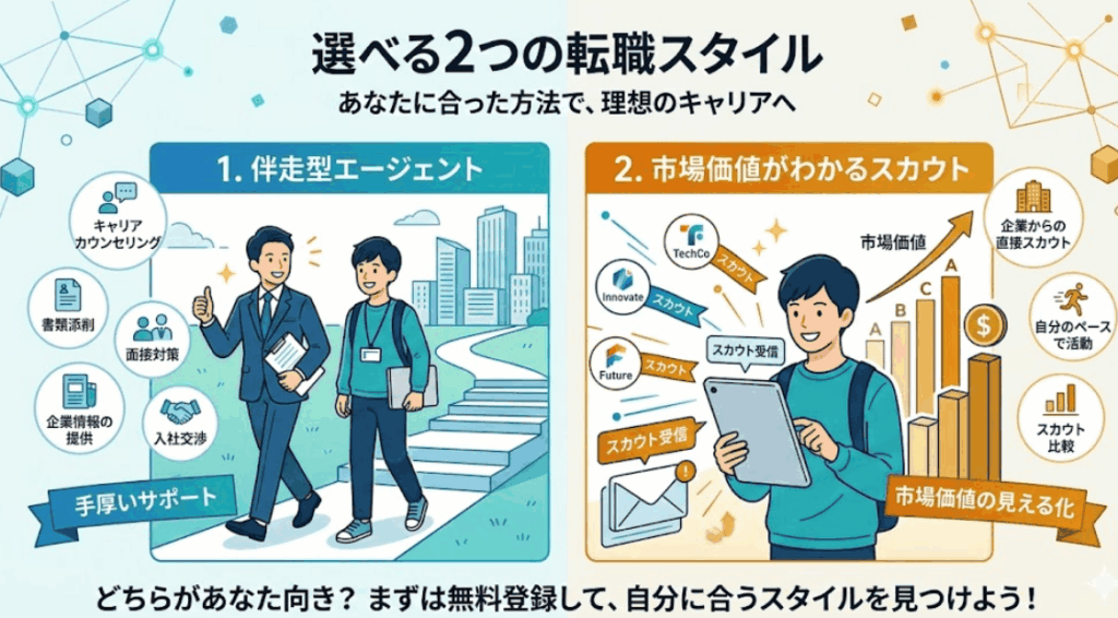 選べる2つの転職スタイル 手厚いサポートの伴走型エージェントと市場価値が見えるスカウトサービス