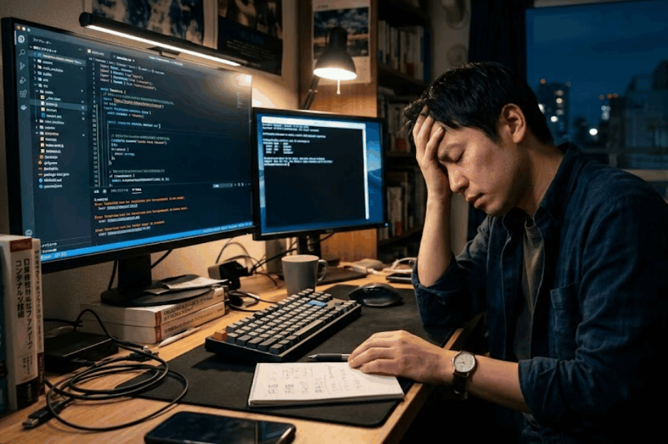 デスクで頭を抱えて悩む日本人男性エンジニア