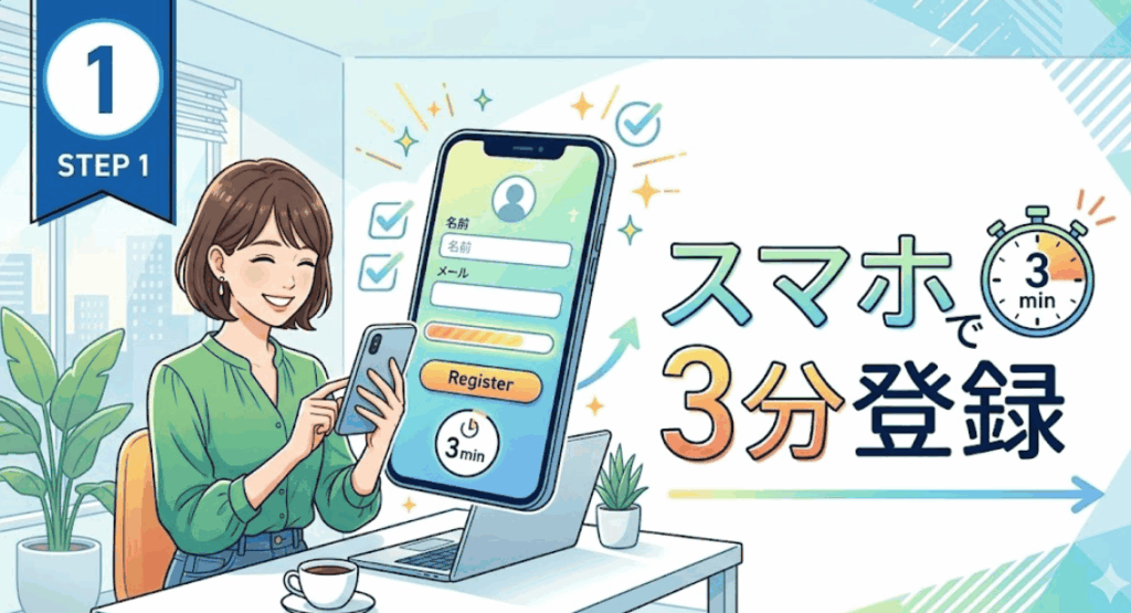 スマホで簡単に3分で登録を完了させる女性のイラスト