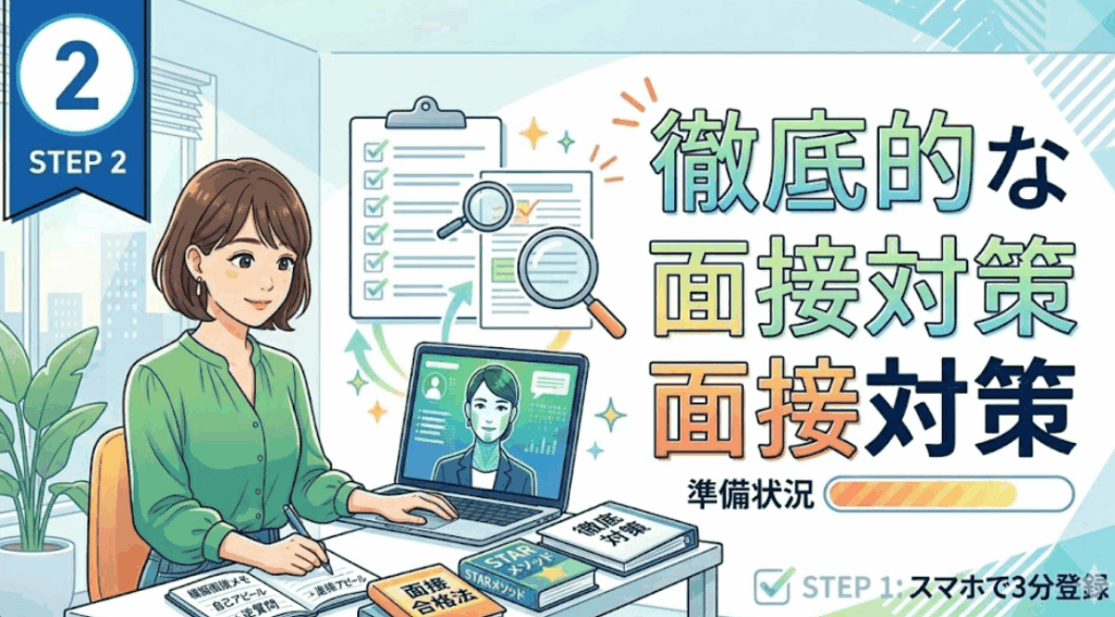 徹底的な面接対策の準備をしている女性のイラスト