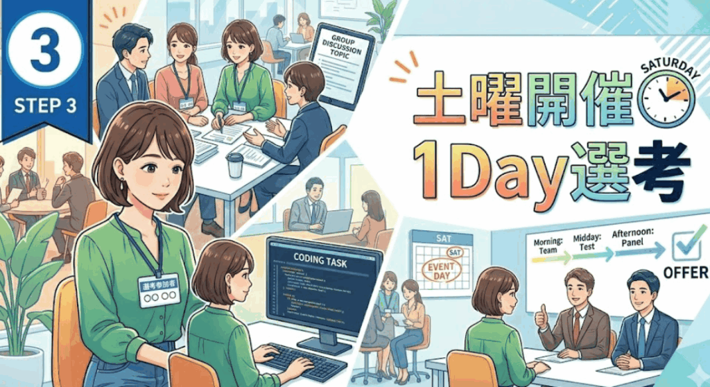 土曜開催の1Day選考会に参加している様子を描いたイラスト