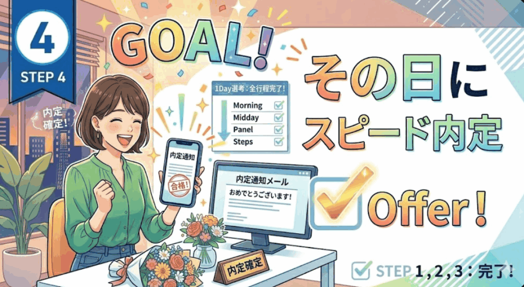 その日のうちにスピード内定の通知を受け取り喜ぶ女性のイラスト