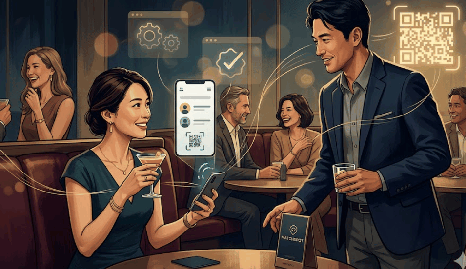 スマホでQRコードを読み込み、バー店内で繋がる新しい出会いの形のイラスト